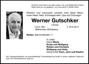 Traueranzeige von Werner Gutschker von Hersbrucker Zeitung